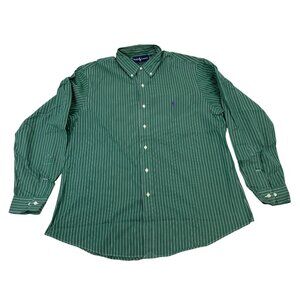 Ralph Lauren Mens Green & White Striped Button-Down Shirt Size 17 34/35